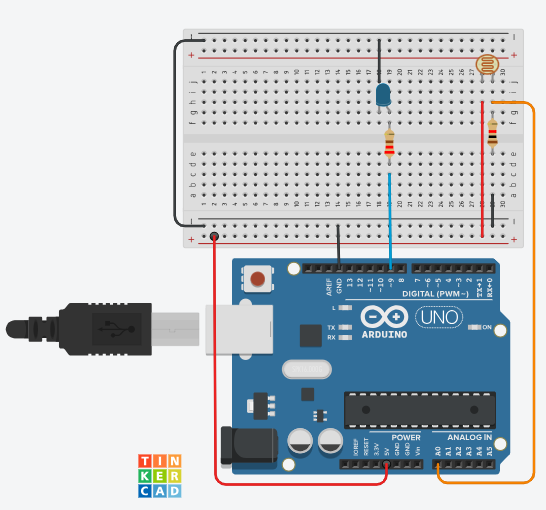Diagrama de TINKERCAD mostrando el circuito completo con LDR y LED